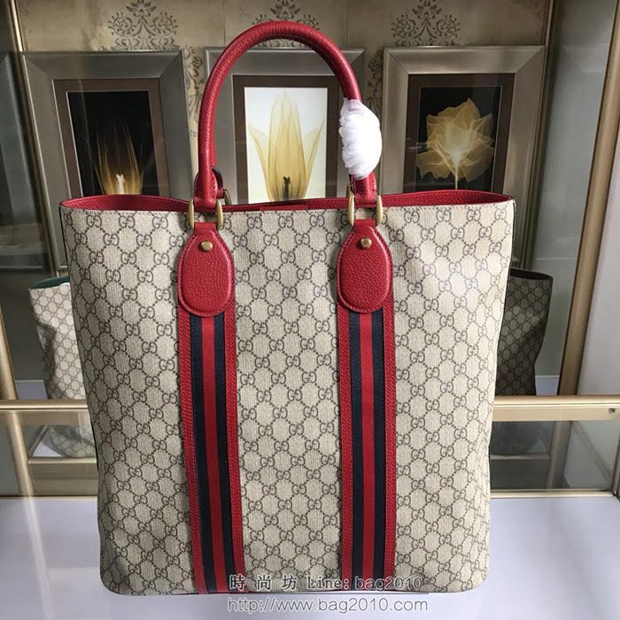 GUCCI 古馳男包 新款 473870 GG Supreme高級人造帆布 黑色紅色織帶裝飾 購物袋